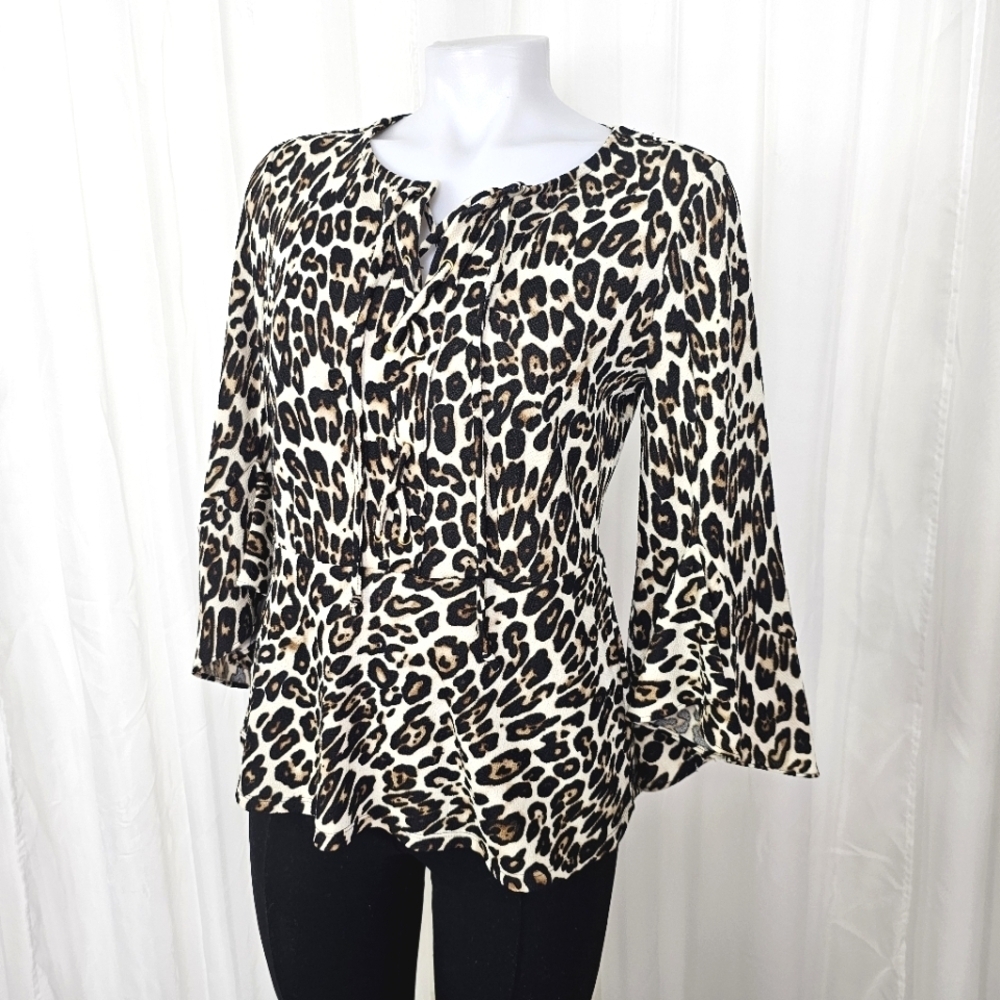 Chico's Leopard Print Peplum Blouse in Black, Cream & Tan